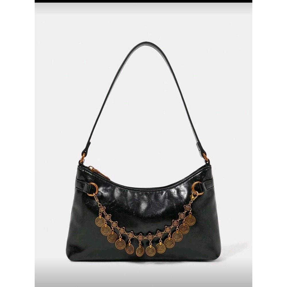 Black Faux Leather Shoulder Bag Coin Charm Boho Evening Bag